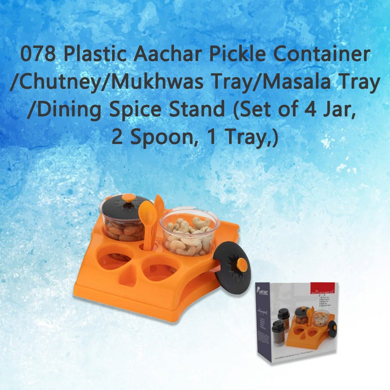 0078 Plastic Aachar Pickle Container/Chutney/Mukhwas Tray/Masala Tray/Dining Spice Stand (Set of 4 Jar, 2 Spoon, 1 Tray,) - SkyShopy