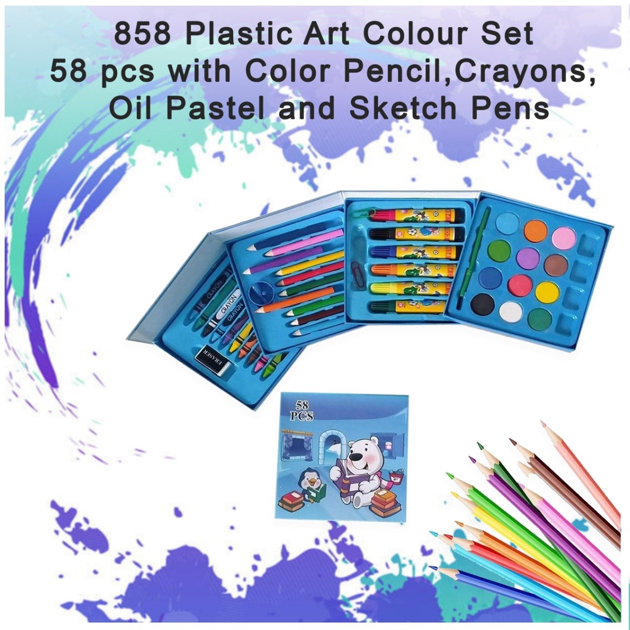 0858 Plastic Art Colour Set 58 pcs with Color Pencil, Crayons, Oil Pastel and Sketch Pens - SkyShopy