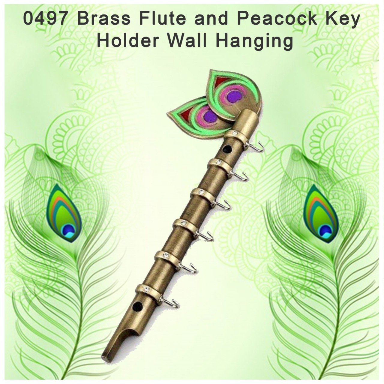 0497 Brass Flute and Peacock Key Holder Wall Hanging - SkyShopy