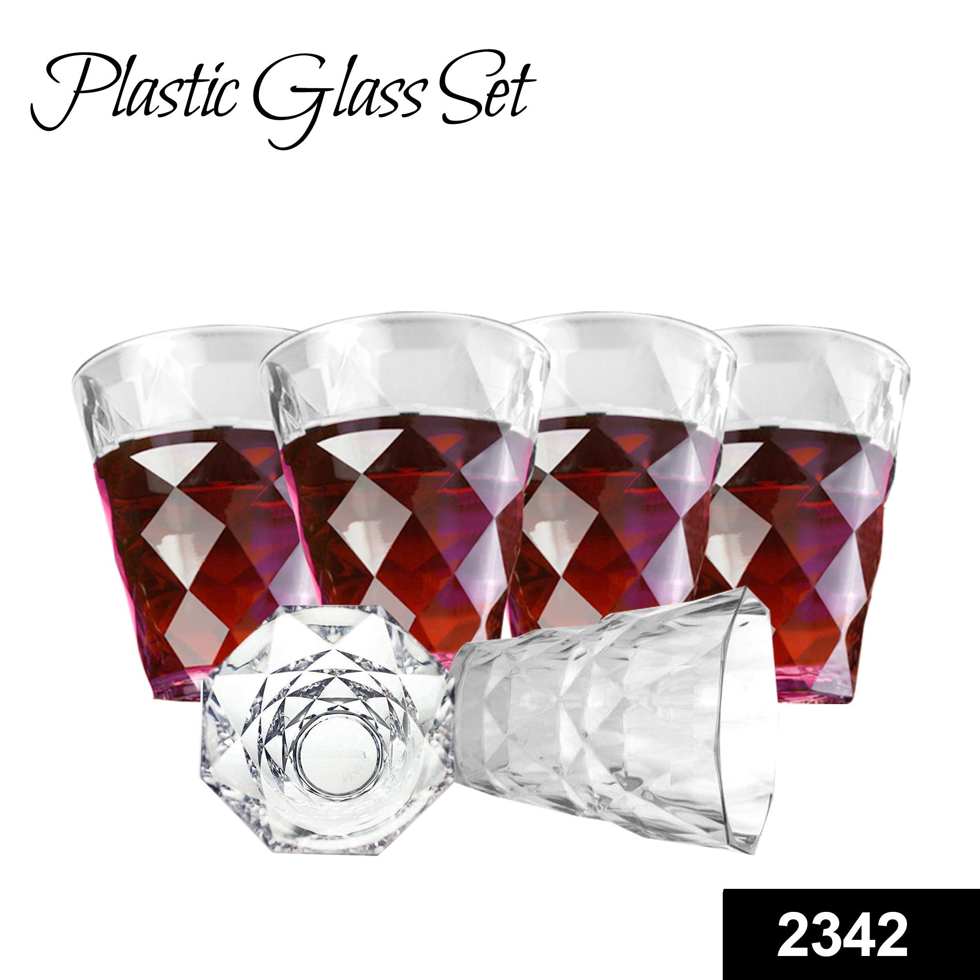 2342 Heavy unbreakable Stylish Diamond look fully Transparent Plastic Glasses Set 260ml (6pcs) - SkyShopy