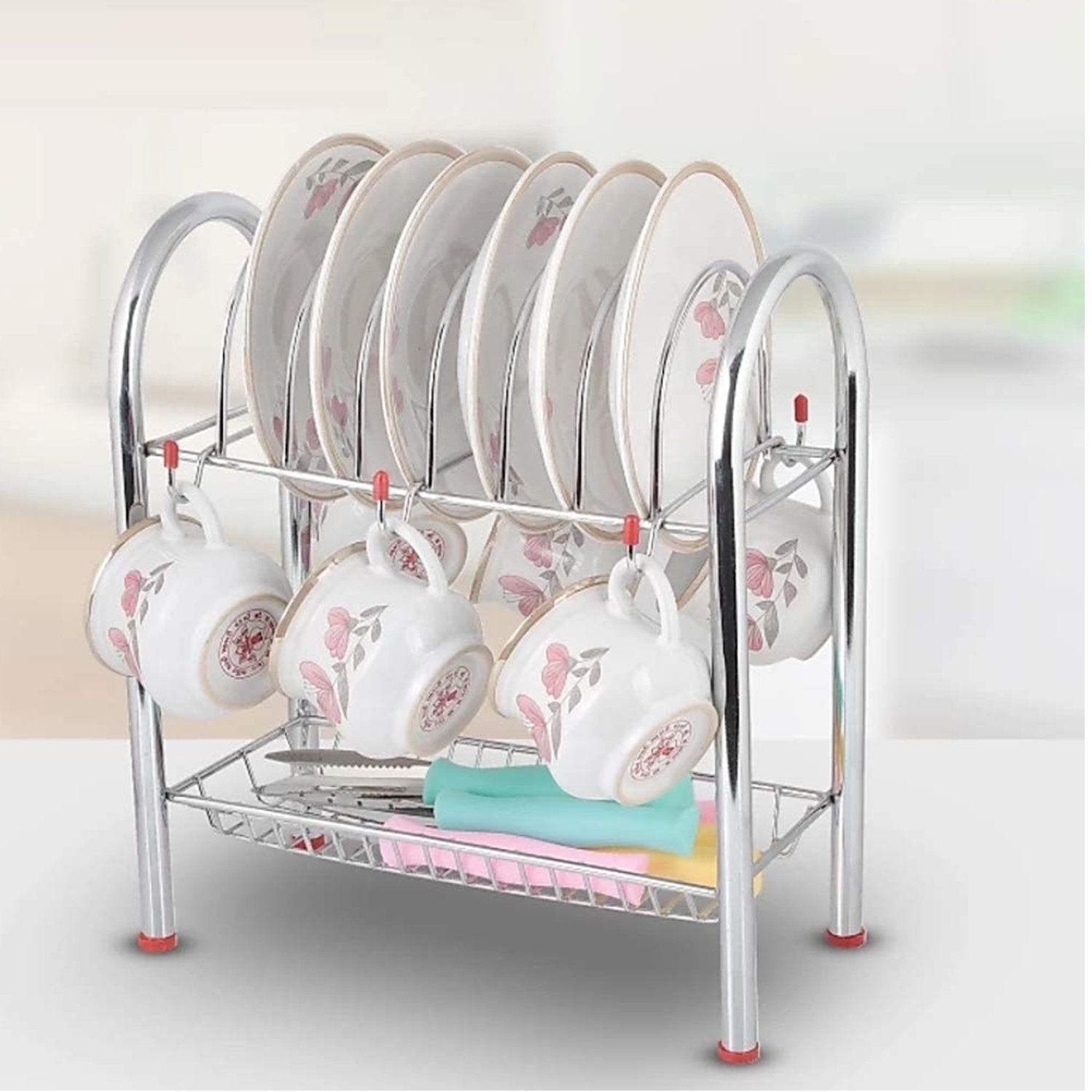 0746_Stainless Steel 2 Layer Plate & Bowl Stand Kitchen Utensil Rack/Cutlery Stand - SkyShopy