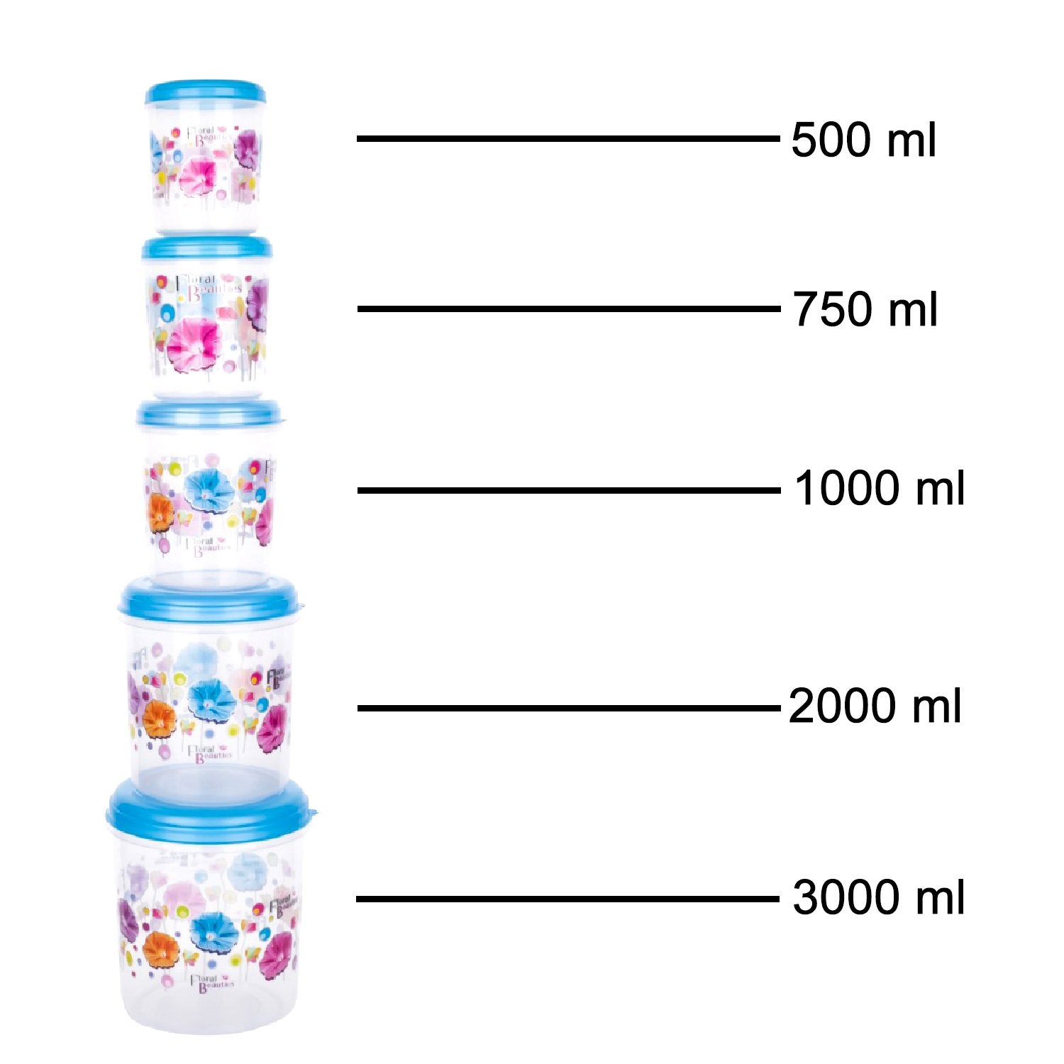 2446 Plastic Transparent Container Air Tight Dabba Set (3000ml, 2000ml, 1000ml, 750ml, 500ml) - SkyShopy