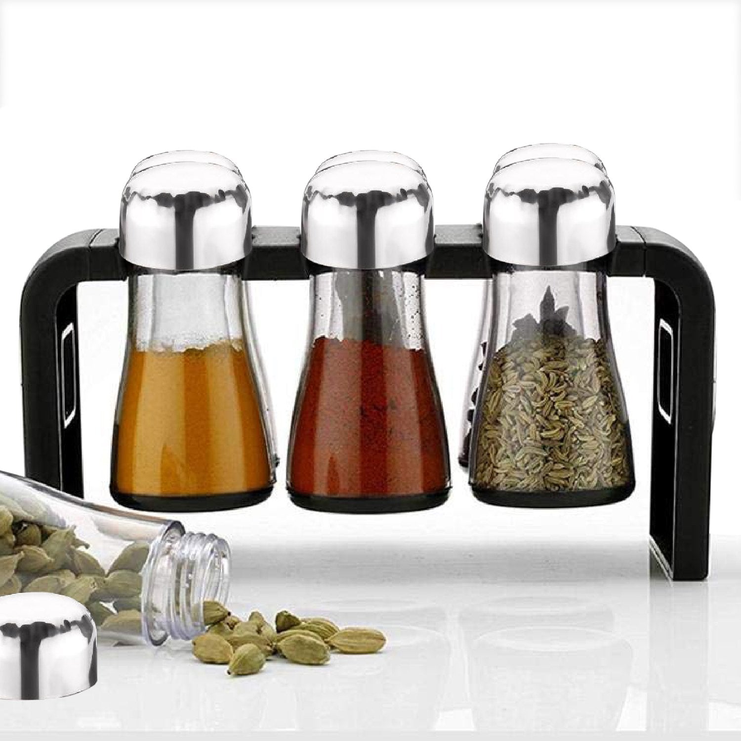 2458 Glass Spice Jar Kitchen Storage Round Jars Airtight Steel Cap (Set Of 6) - SkyShopy