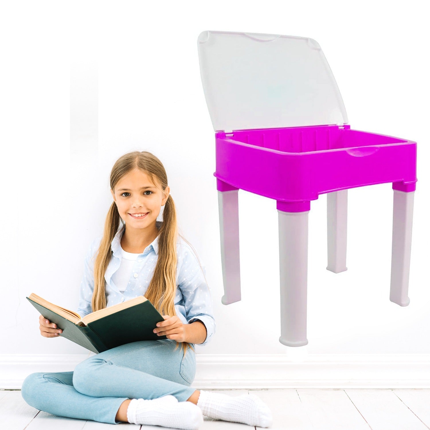 4594A Study Table And Chair Set For Boys And Girls With Small Box Space For Pencils Plastic High Quality Study Table (Pink)