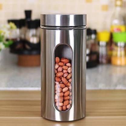 2360 Stainless Steel Jar With Visible Container Glass Window & Airtight Lid (800ml) - SkyShopy