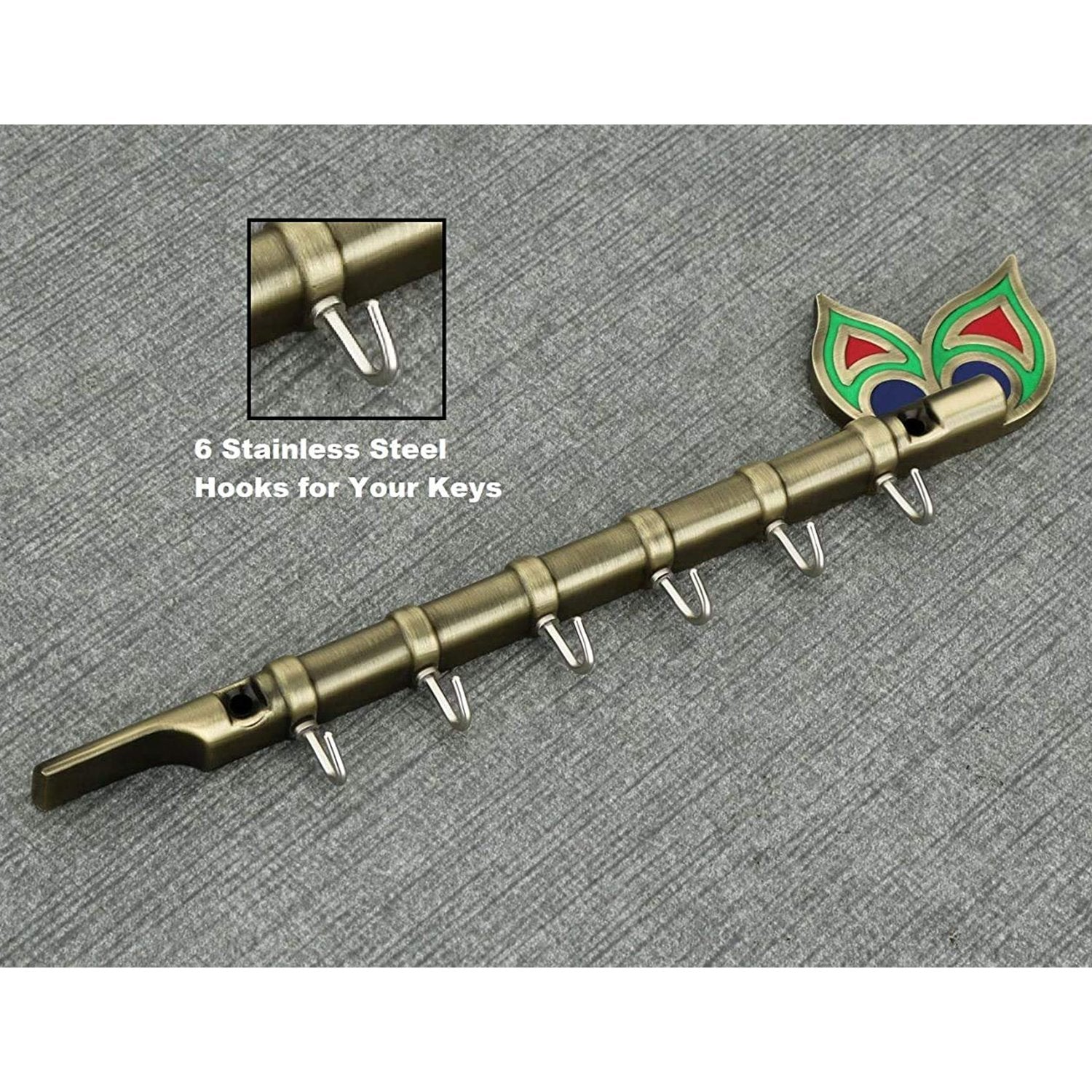 0497 Brass Flute and Peacock Key Holder Wall Hanging - SkyShopy