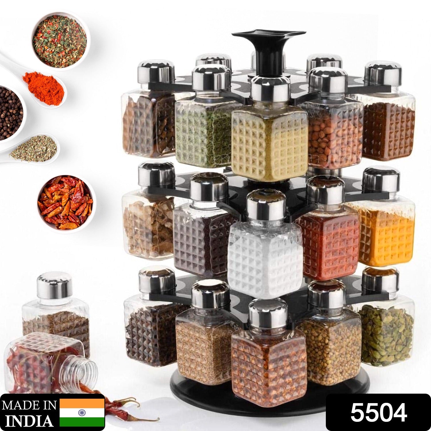 5504 All New Square 24 Bottle Design 360 Degree Revolving Spice Rack Container Condiment, Pieces Set, Square Small Container